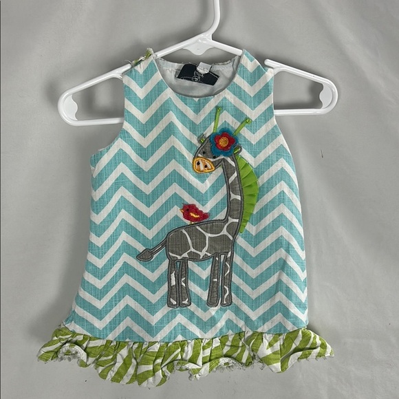 Mud Pie Aqua and White Striped Applique Giraffe Dress -Size 0-6m - Picture 2 of 6
